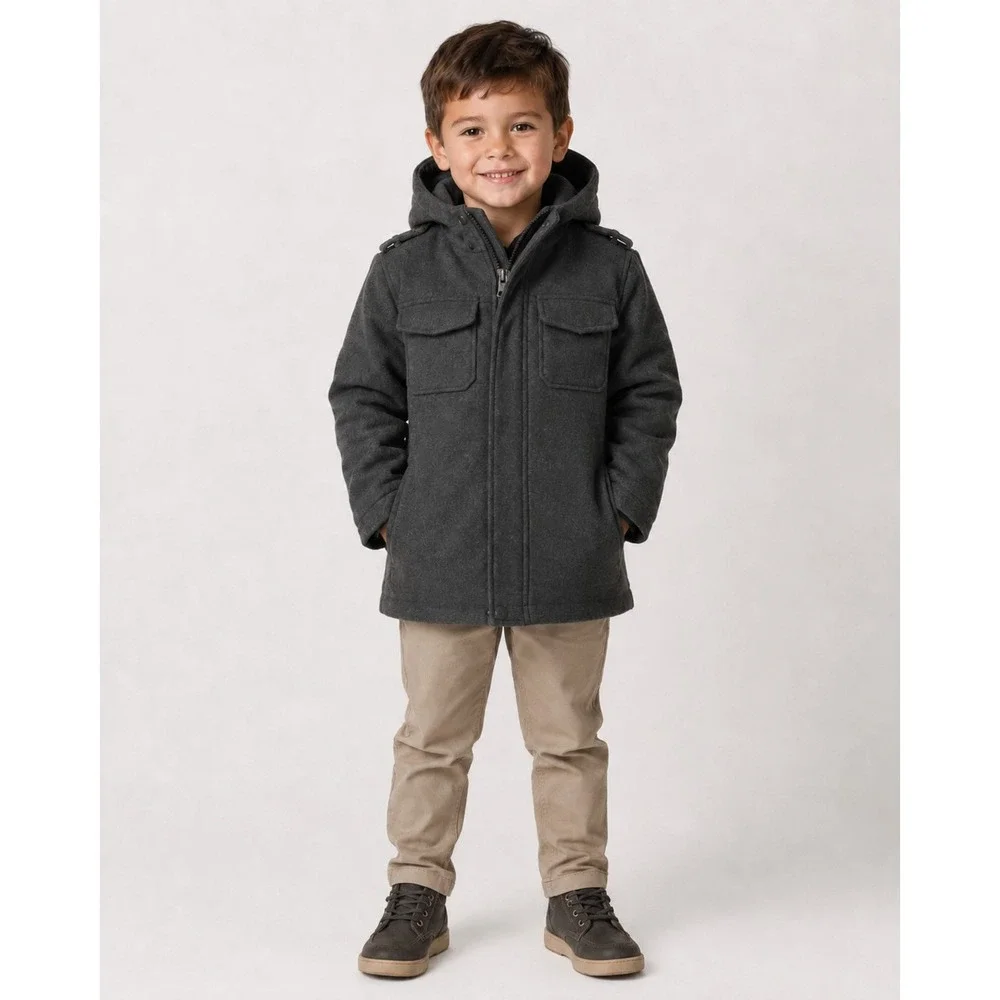Extreme Outfitters Boys 5/6 Gray Hooded Military Field Jacket Coat ZipWool Blnd